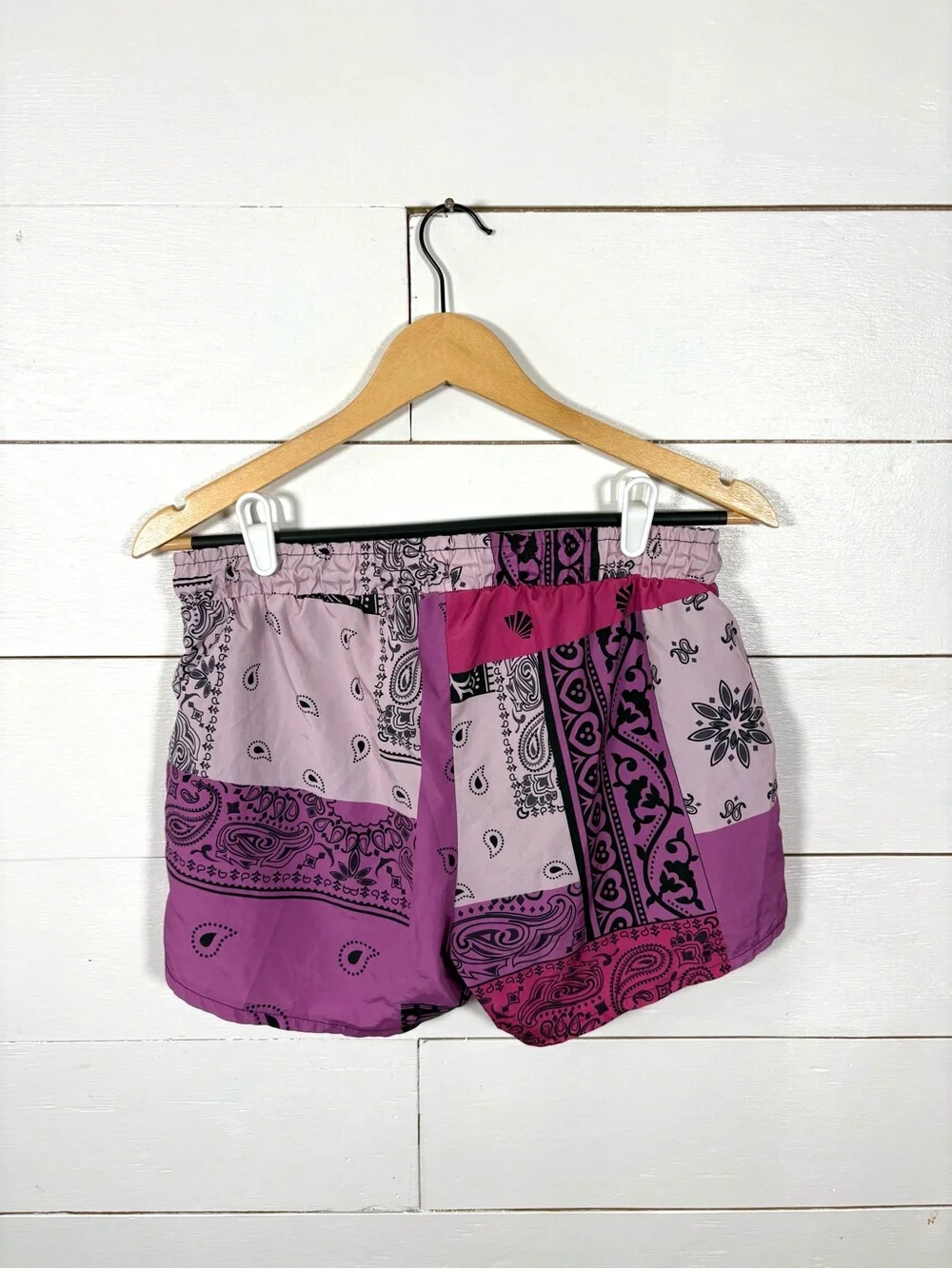 boohooMAN Mens S Pink Purple Bandana Print Swim Shorts Mesh Lined Paisley